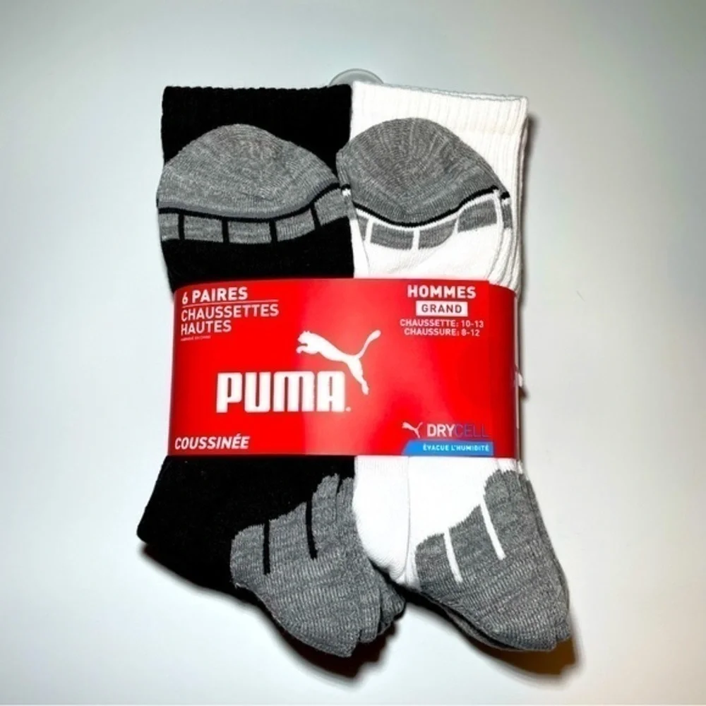 Puma men’s crew socks 6 pack size 8-12 white black gray DryCell